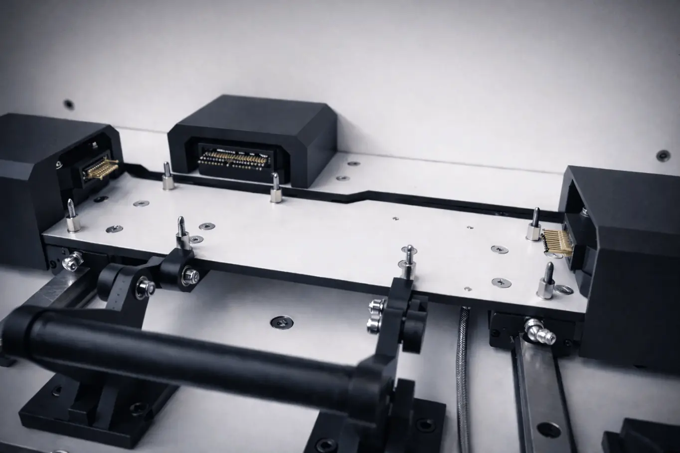 PCB-Prüfstand mit dreiseitiger Kontaktierung der Schnittstellen durch Nadelprüfadapter